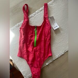 Acquе Apparel Pink One-Piece Swimsuit with Green Zip
